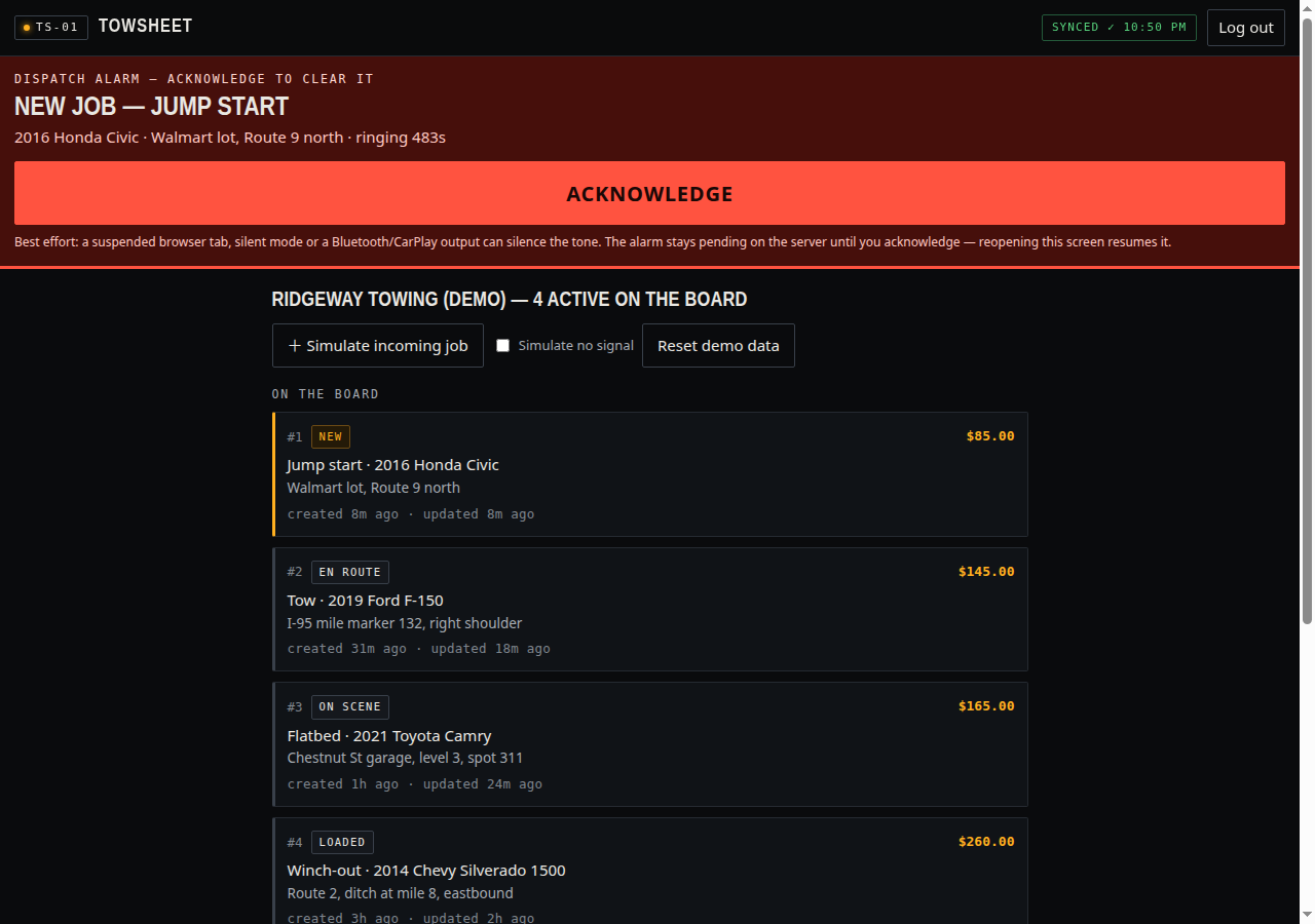 TowSheet driver screen on a desktop browser: job list with mixed states and the alarm banner