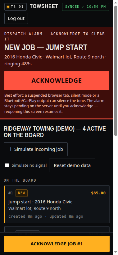 TowSheet driver screen at phone width: one-hand layout, big acknowledge button